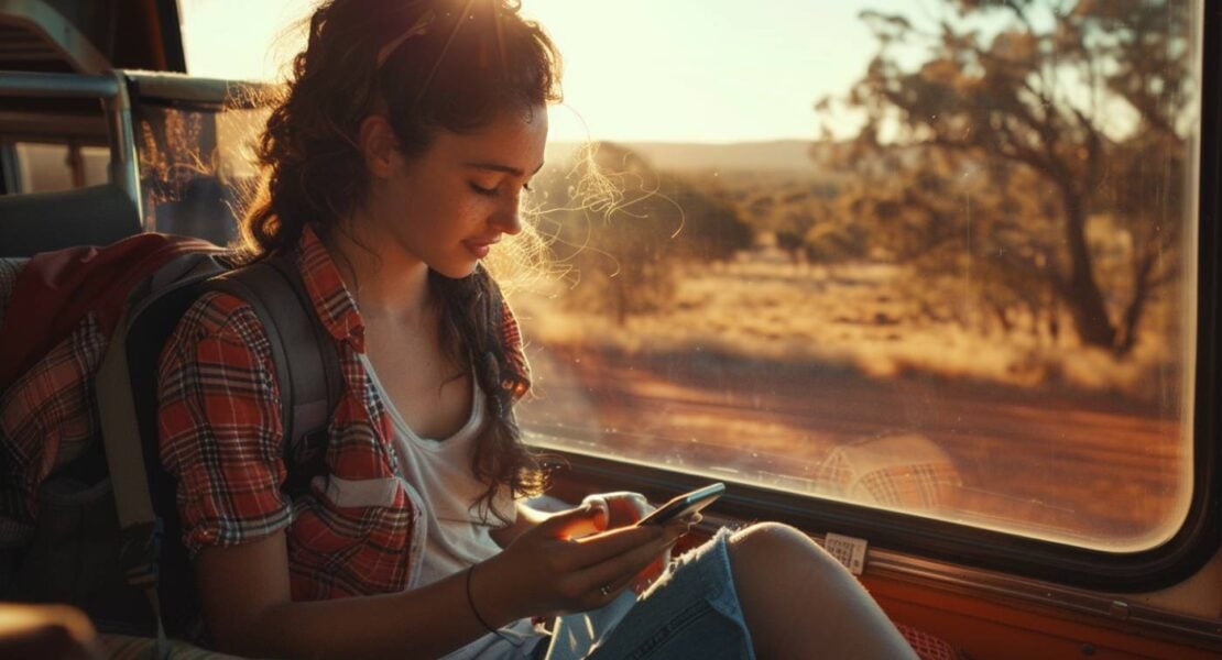 Female backpacker on a bus journey searches on her smart phone