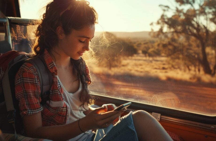 Female backpacker on a bus journey searches on her smart phone