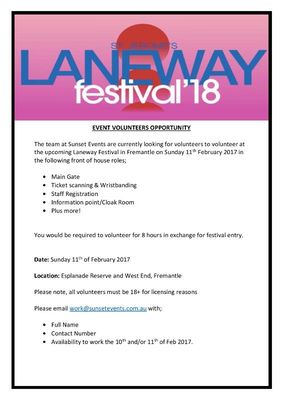 Laneway Festival - Wa - 2018 - Volunteer For Free Entry